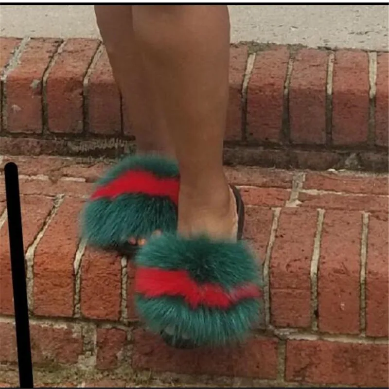 

New Summer Women Furry Fox Fur Flip Flops Cute Rainbow Striped Fluffy Fur Sandals Fashion Fur Slides Ladies Luxury Slippers Hot