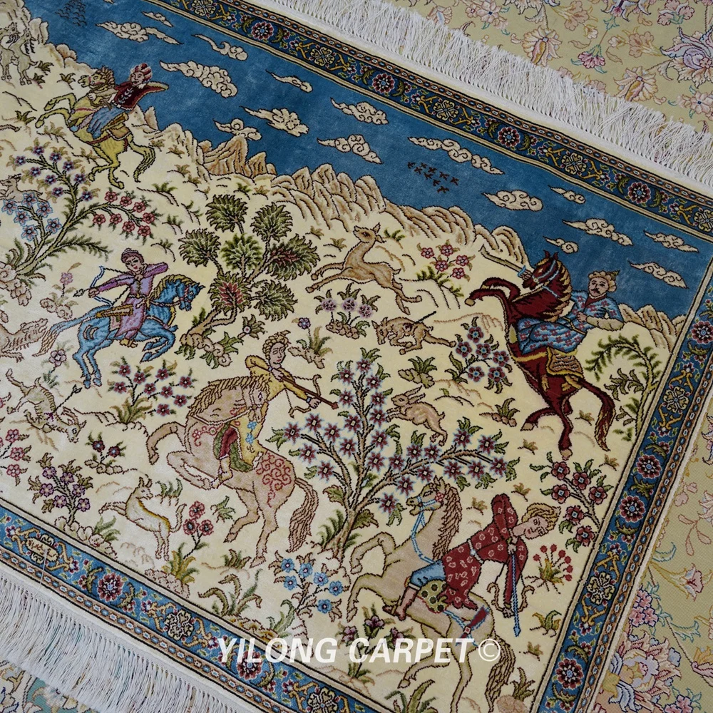 Yilong 2 5 'x 4' Восточный шелковый ковер охотничий дизайн изысканный персидский с