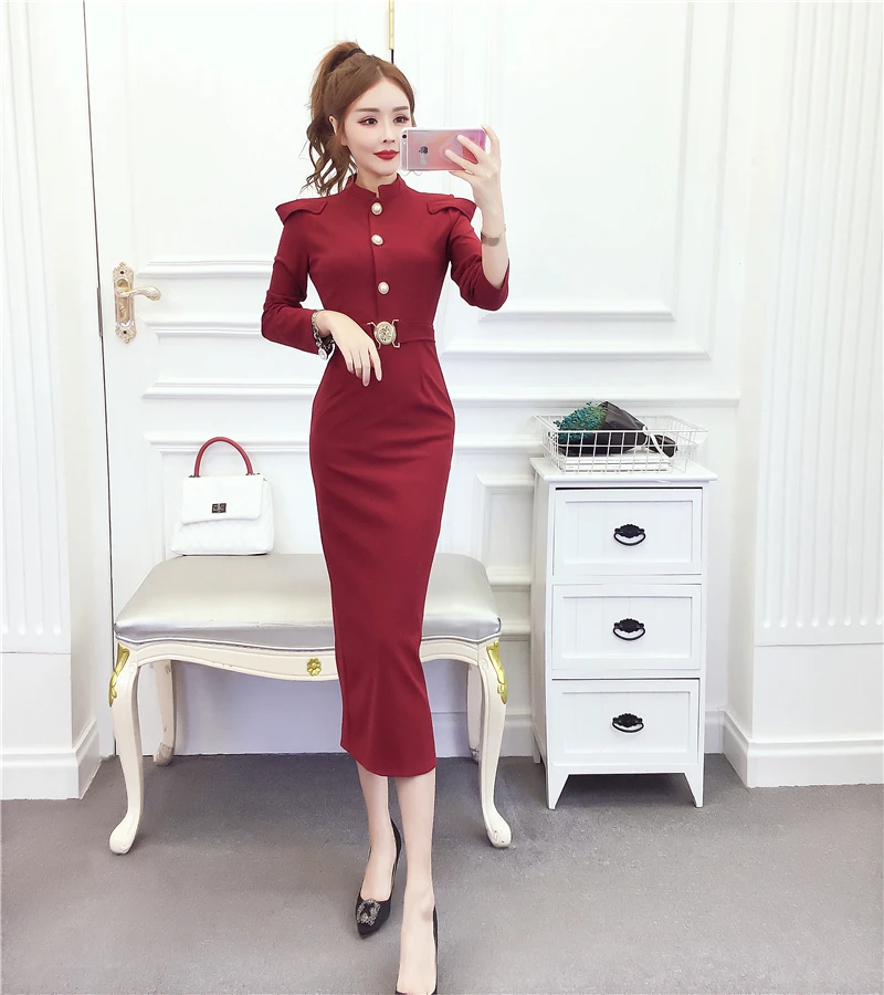 Осеннее облегающее платье с длинным рукавом женское сексуальное однотонное