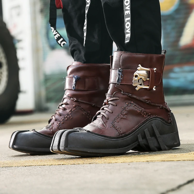 Punk boots Men's Vintage &amp Unique Look Genuine Leather Ankle Motorcycle Military Combat Boots with Skull | Обувь