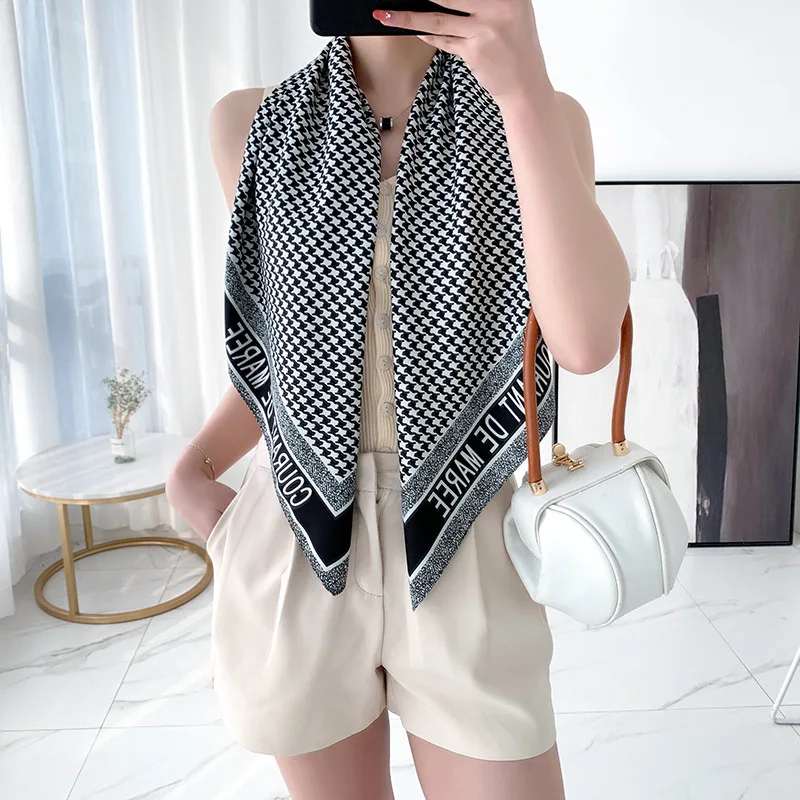 

Imitate Twill Silk Scarf Women Fashion Houndstooth Print Shawl Hijab Head Neck Kerchief Bandana Square Stole 90*90cm