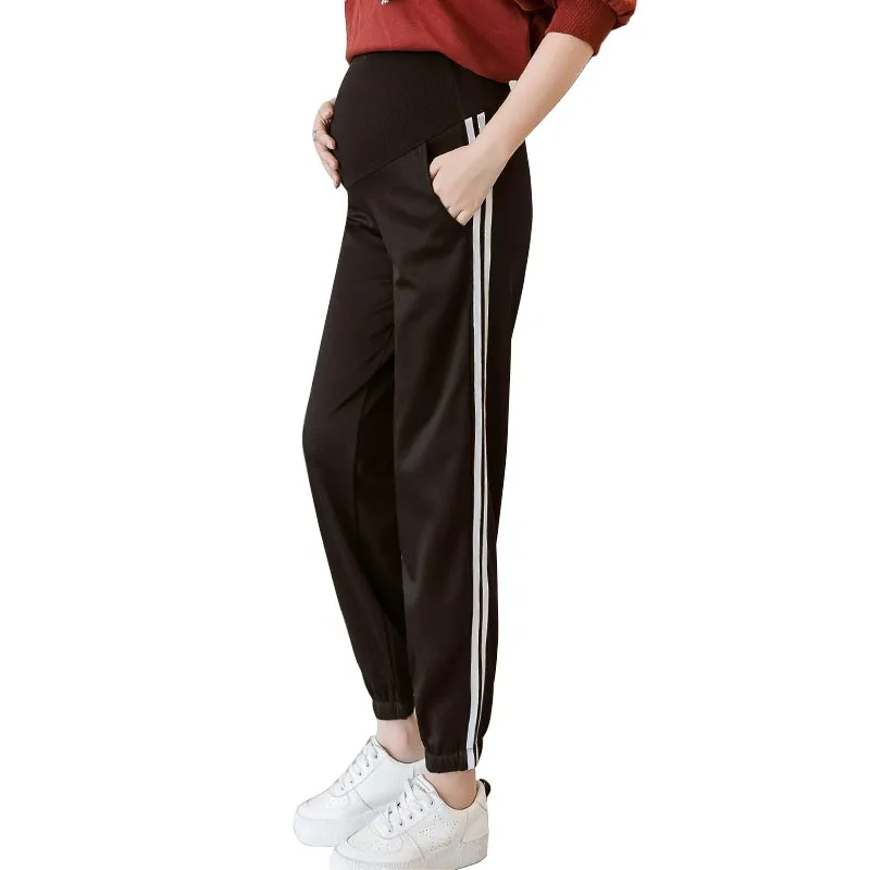 

High Waist Sports Maternity Pants For Pregnant Women Clothes Side Stripe Casual Pregnancy Pants Ninth Maternity Pants Trousers