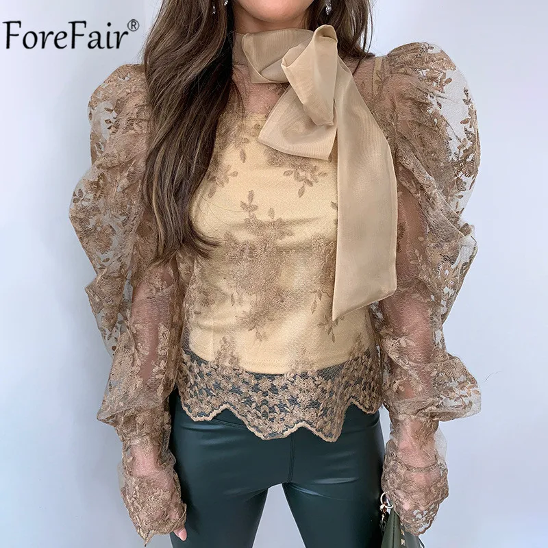 Forefair/белая кружевная блузка с длинными рукавами фонариками сезон весна лето