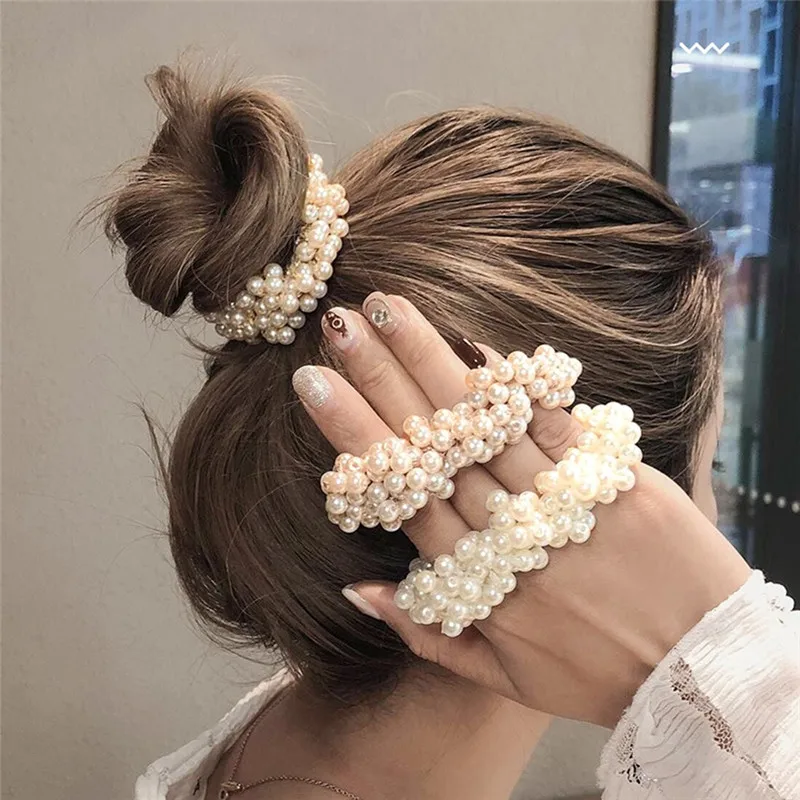 

Women Pearls Beads Headbands Ponytail Holder Hair Accessories Girls Scrunchies Vintage Elastic Hair Bands Rubber Rope Headdress