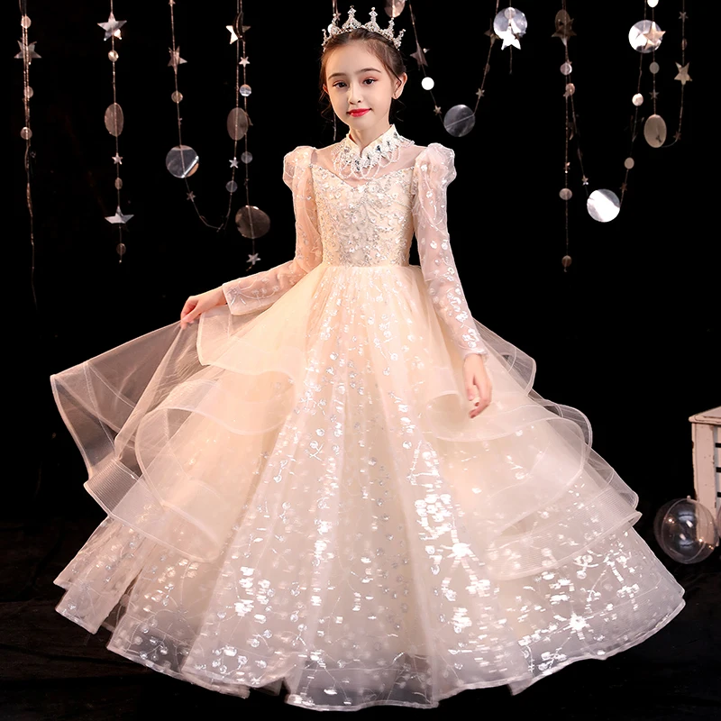 

Sequined Girl Princess Dress Long Sleeve Layered Dresses Birthday Party Costume Kids Flower Girl Dresses For Wedding 3-12Years
