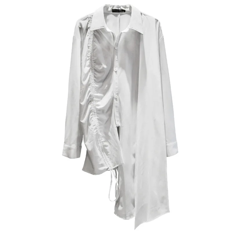 

Male Women Harajuku Streetwear Dress Shirt Men Asymmetry Design Drawstring Casual Long Sleeve Shirt Stage Clothing
