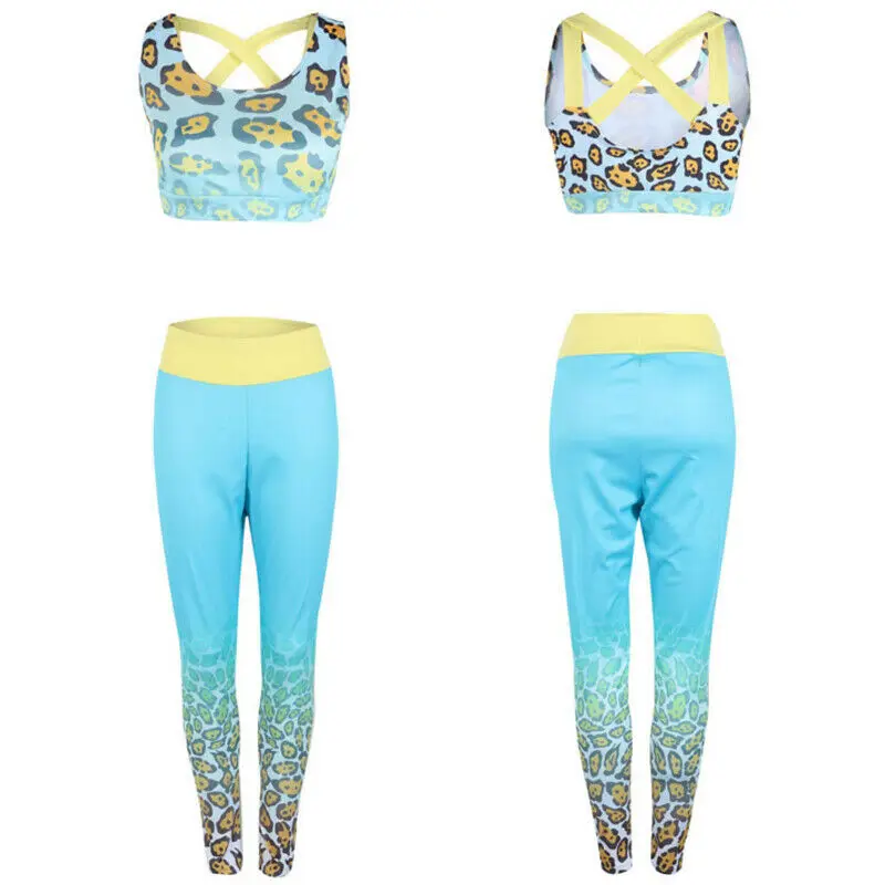 

New Fashion Women Sport Gym Yoga 2 Pcs Vest Bra Sports Legging Pants Leopard Print Ladies Active Outfit Wear Sport Yoga Set