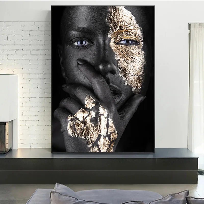 

African Art Black and Gold Woman Oil Painting on Canvas Cuadros Posters and Prints Scandinavian Wall Art Picture for Living Room