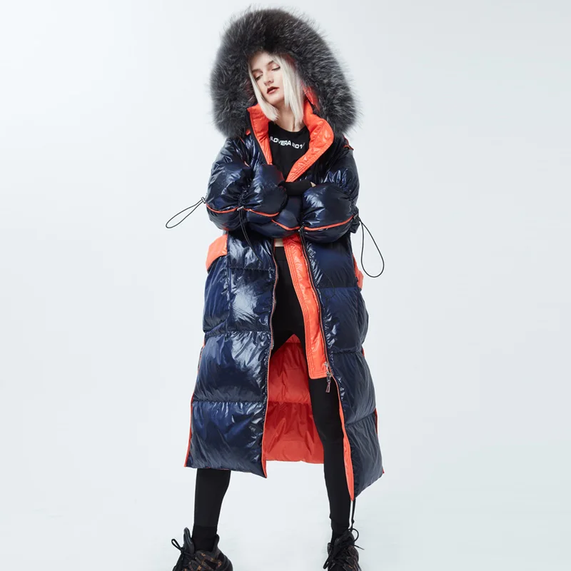 Женский длинный пуховик с капюшоном зимняя парка на 2020 натуральном меху енота
