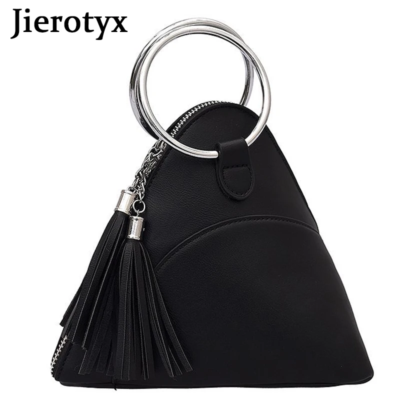 

JIEROTYX 2021 Summer Mini Tassel Women Handbags Round Buckles Clutch Bags Fashion Casual Simple Triangle PU Leather Wrist Clutch