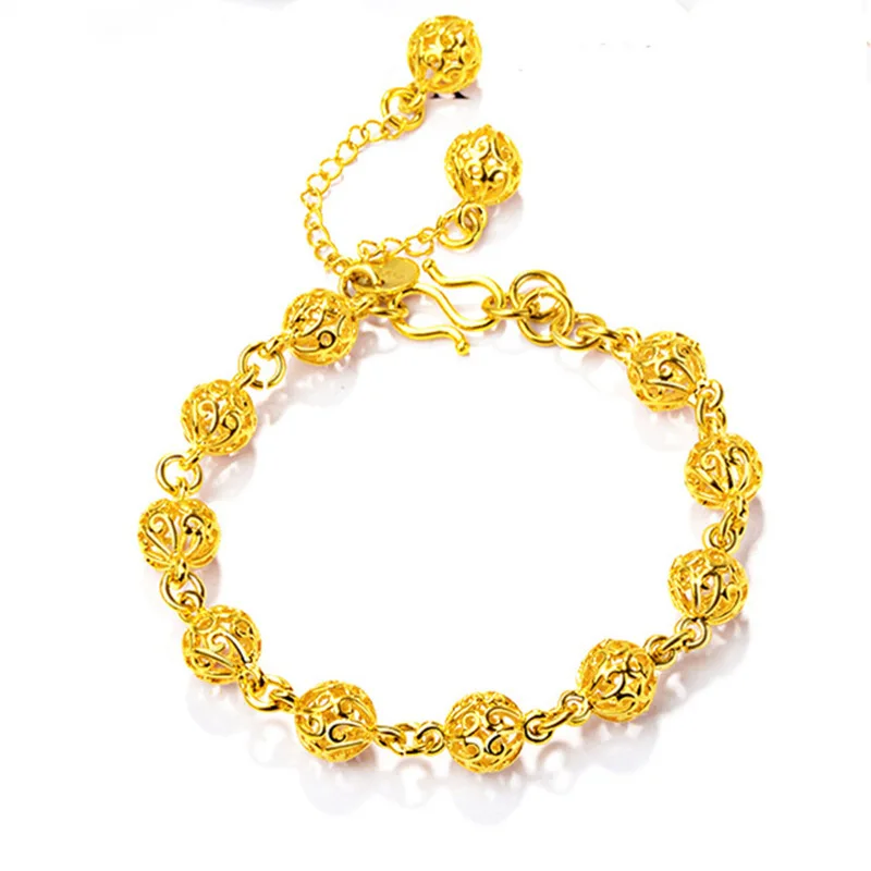 

Luxury 24K Yellow Gold Plated Bracelet For Women Hollow Bead Fashion Charms Bracelet Gold Filled Hand Chain Wedding Fine Jewelry