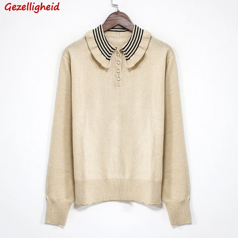 

Gezelligheid 2021 Autumn Winter Runway Fashion Elegant Casual Paragraph Striped Ruffle Vintage Pearl Button Sweater Simple Tops