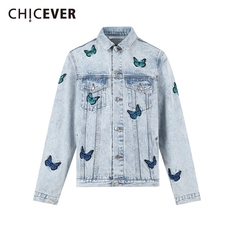 

Женская джинсовая куртка с вышивкой, отложным воротником и длинным рукавом