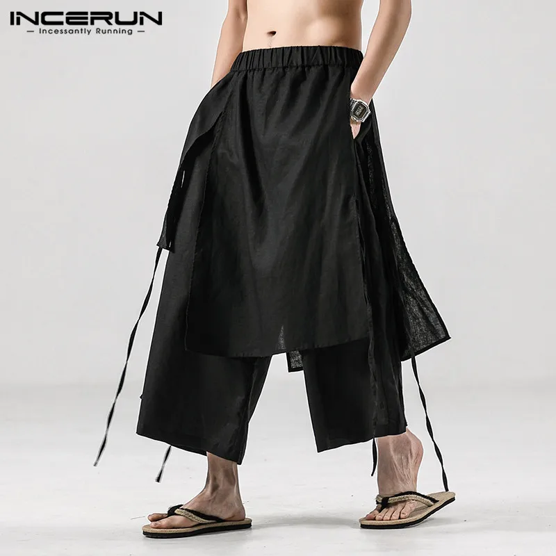 INCERUN-Pantalones informales de cintura elástica para hombre, ropa de calle suelta, Irregular, Harajuku, pierna ancha, Color sólido