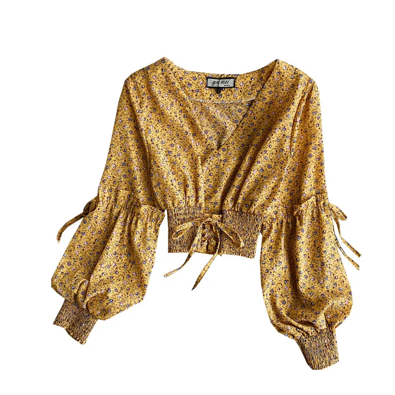 

Women Spring Autumn New Blouse Floral Printed Pleated Slim Fit Short V-neck Top Lantern Sleeve Chiffon Shirt Female Blusa UK090