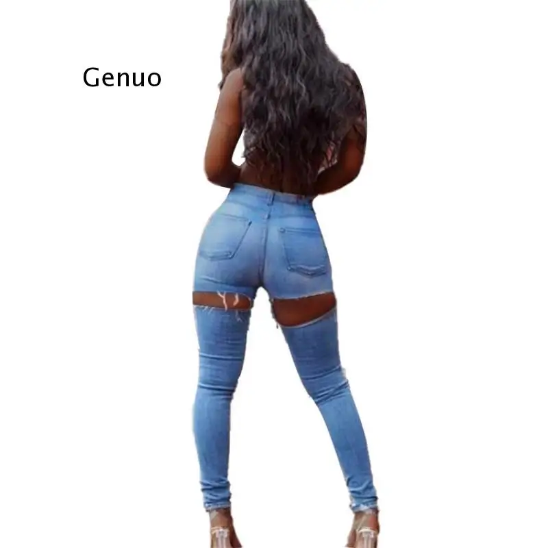 Sexy Street Plus Size High Waist Butt Ripped Jeans for Women Skinny Push Up Ass Hole Big Hips Jean Woman Pencil Denim Pant | Женская