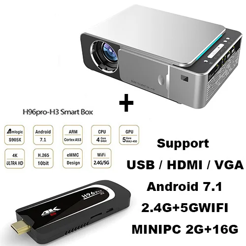 MINIPC version T6 1080P светодиодный проектор 3500 люмен 1280x720 портативный проектор Android 7,1 USB HDMI VGA AV домашний кинотеатр wifi 2.4G5G - Цвет: MINIPC version