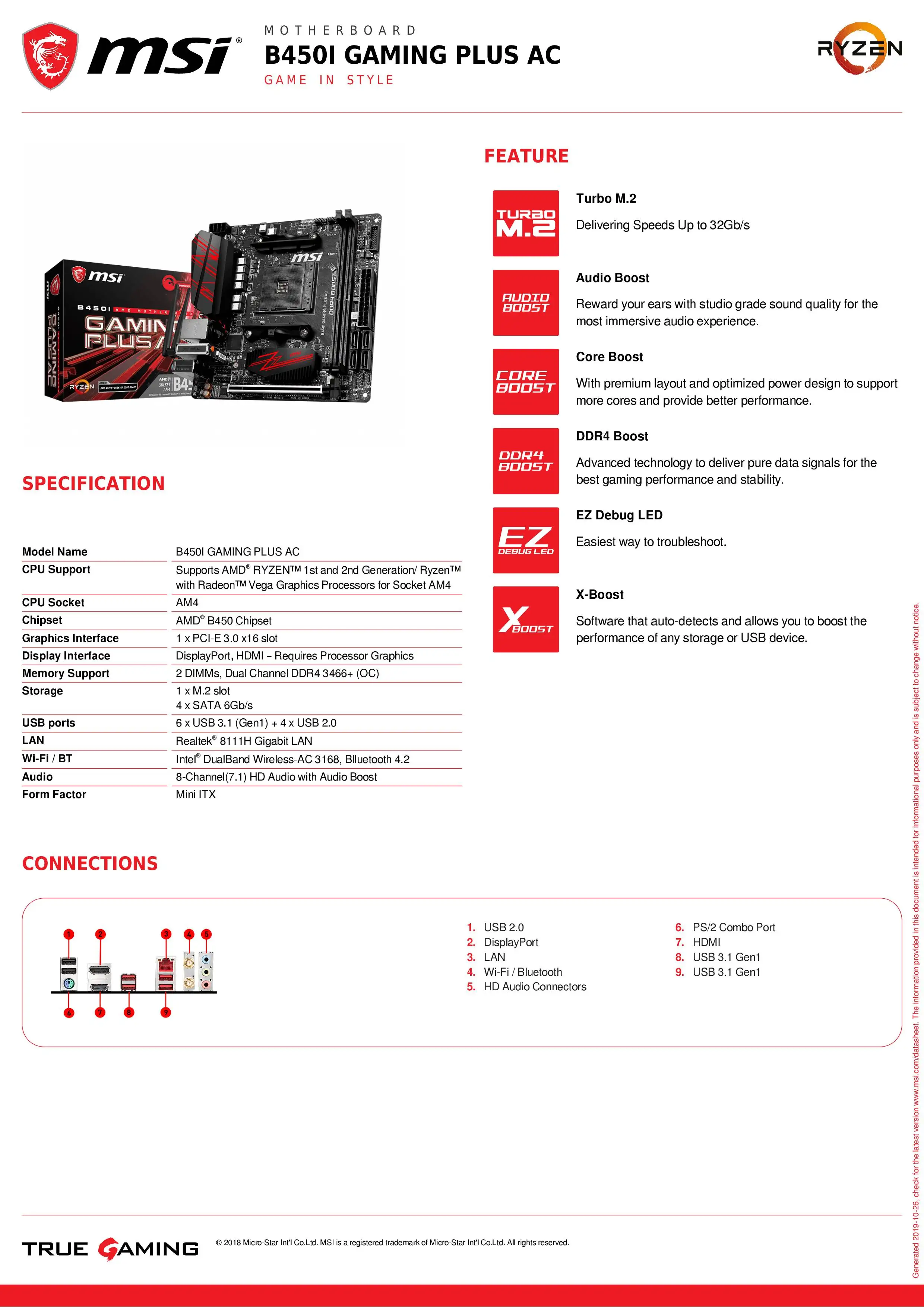 Материнская плата MSI b450I-GAMING-PLUS-AC am4 amd ryzen M.2 USB 3 1 DDR4 display port HDMI Mini-ITX B450I GAMING PLUS AC 2011 |