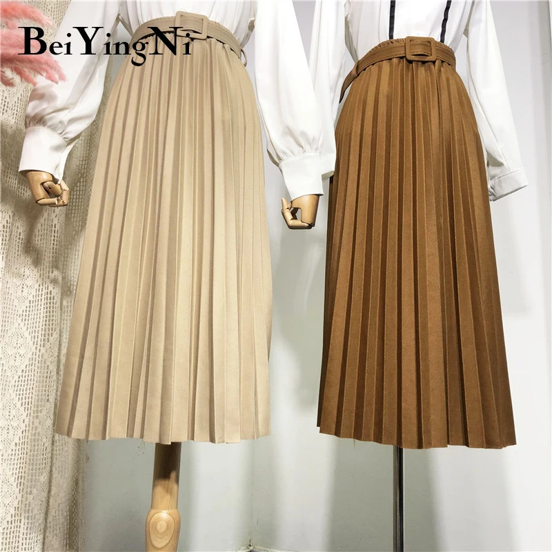 

Beiyingni High Waist Women Skirt Casual Vintage Solid Belted Pleated Midi Skirts Lady 11 Colors Fashion Simple Saia Mujer Faldas