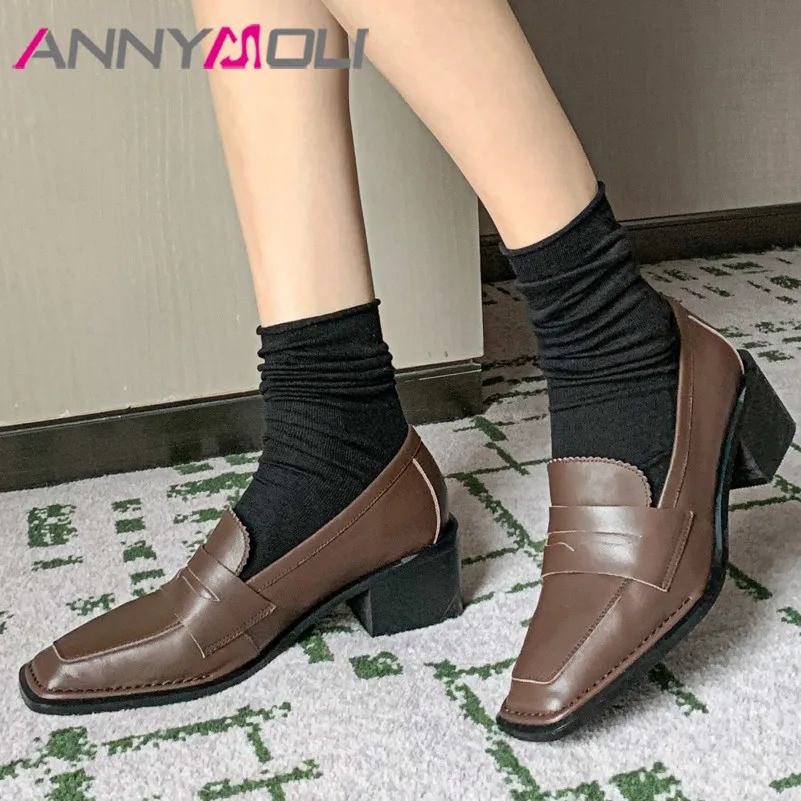 

ANNYMOLI High Heels Natural Genuine Leather Square Toe Women Shoes Slip On Block Heel Ladies Dress Footwear Spring Black Size 40