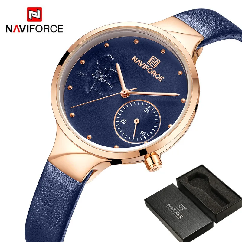 Часы наручные NAVIFORCE женские с браслетом из натуральной кожи модные брендовые