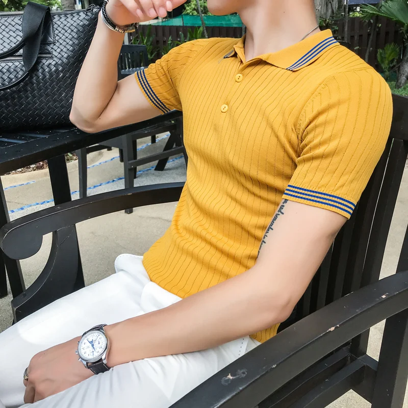 

Summer short-sleeved T-shirt for men, knitted fabric breathable, soft, cool, sweat-wicking T-shirt, British lapel stripe polos