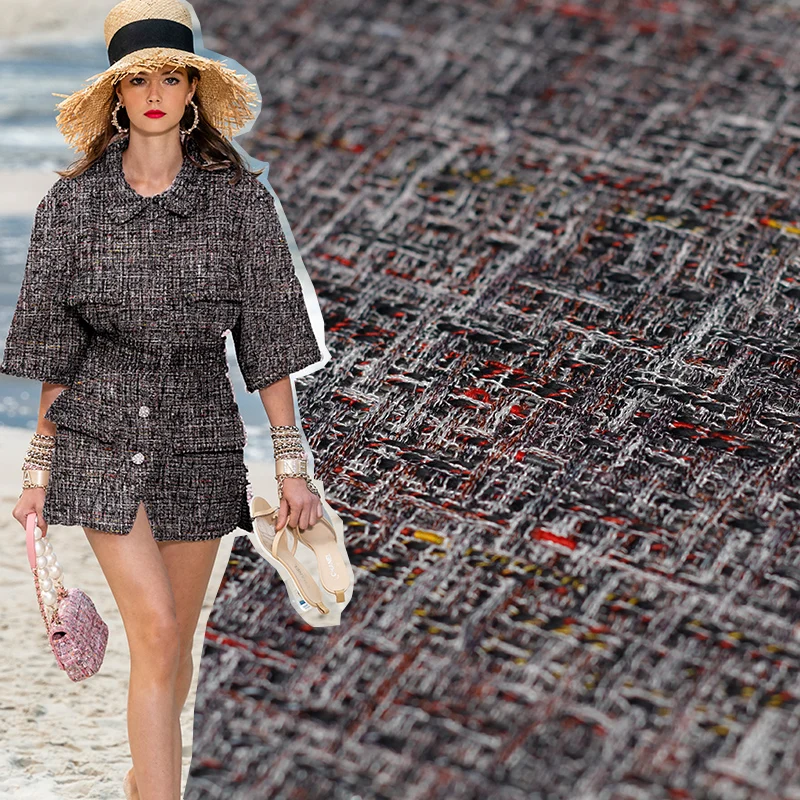 Твидовая ткань с блестками красного малинового черного цветов 100% полиэстер