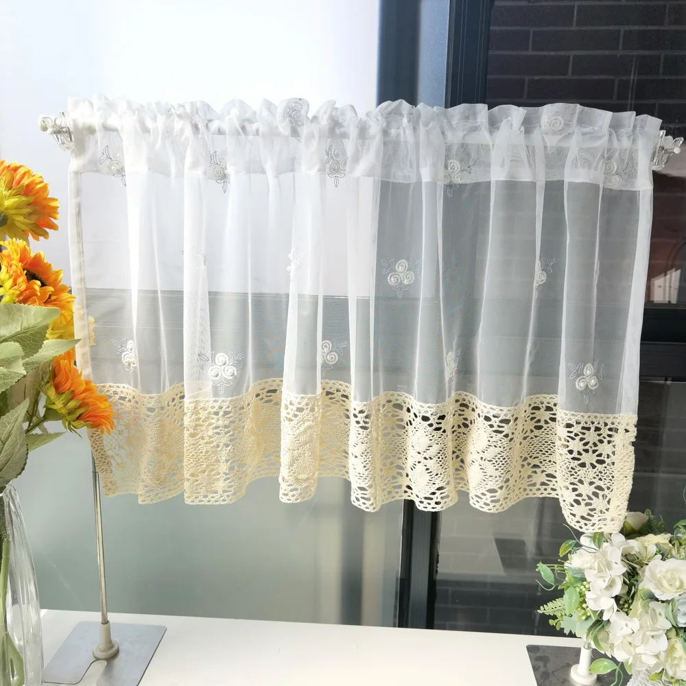 

Special Rod Pocket Short Curtains for Kitchen Hollow Lace Flower Tulle Voile Home Partition Decorative Panel Half Drapes 1pice 4