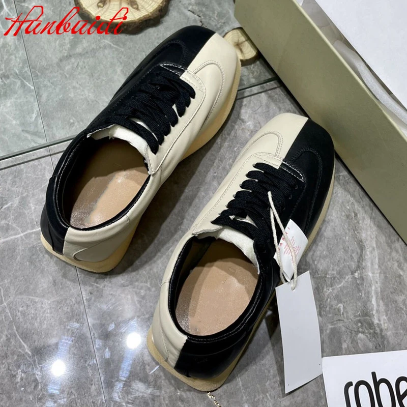 

Genuine Leather Women Sneakers Fashion Mixed Color Pacthwork Women Casual Shoes Platform Wedges Lace Up Women Loafers Vulcanized