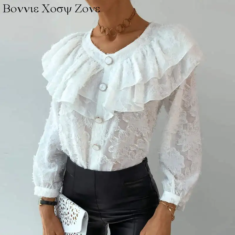 

Women Round Neck Ruffles Swiss Dot Lace Buttoned Blouse Sweet Casual Tops
