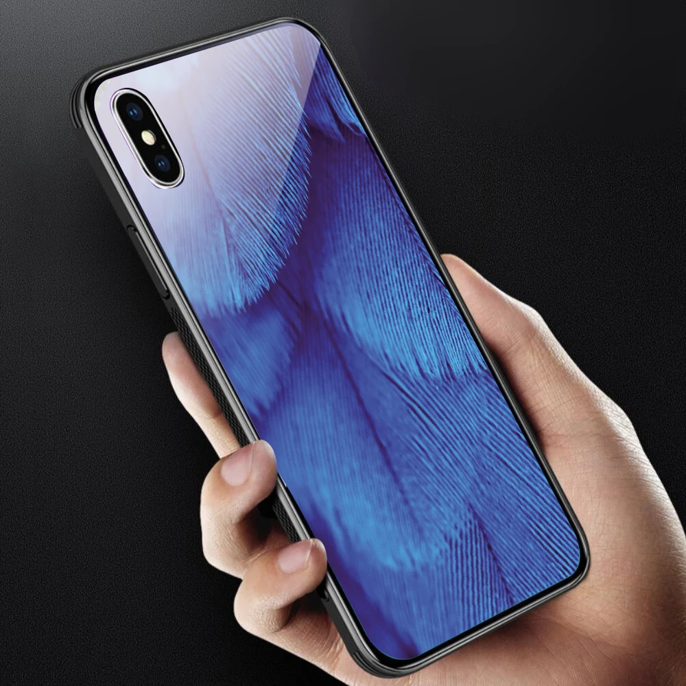 Phone Case for iPhone X XS MAX XR For 6 6S 7 8 PLUS Feather Tempered Glass Red Yellow Back Cover 5 5S SE Funda | Мобильные телефоны