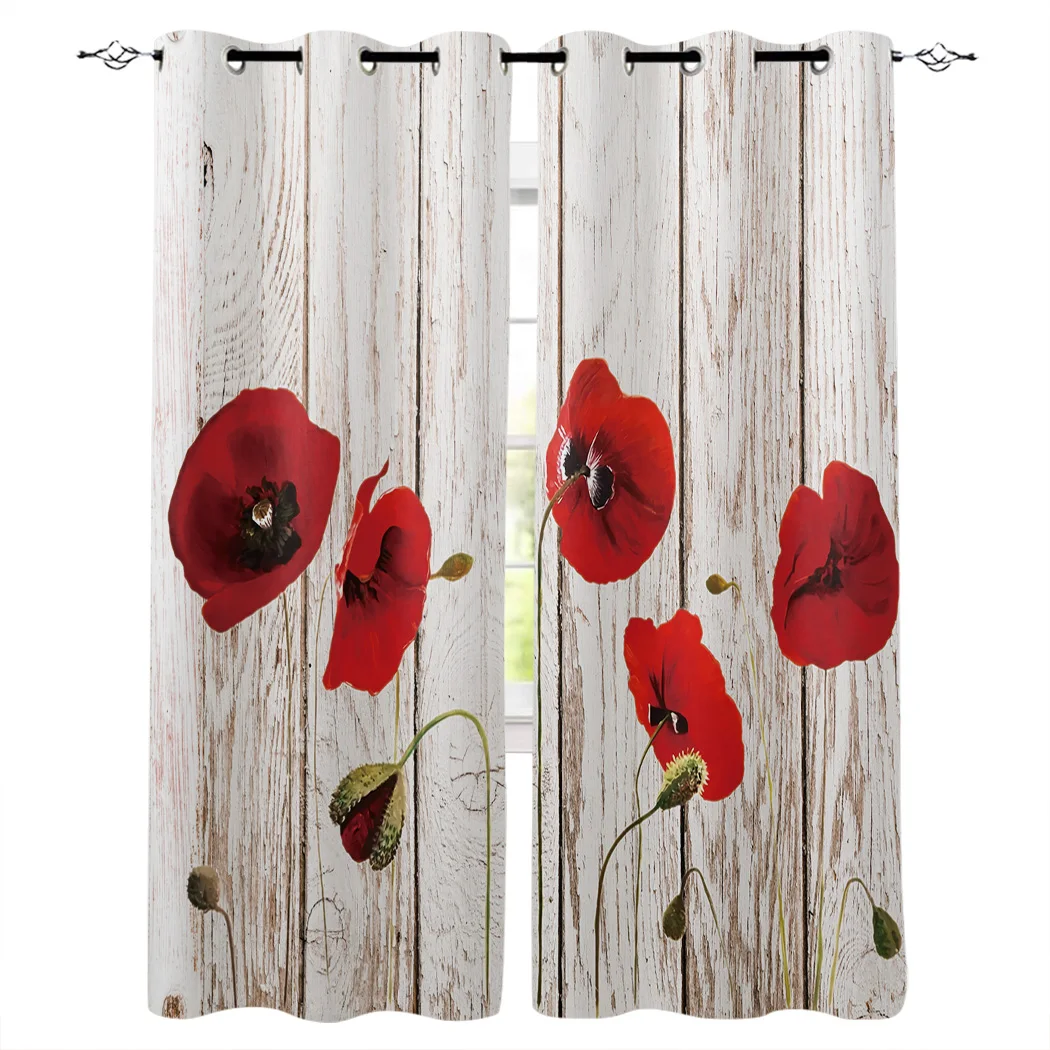 

Vintage Wooden Texture Red Poppy Flower Window Treatments Curtains Valance Room Curtains Large Window Curtain Living Room Bath