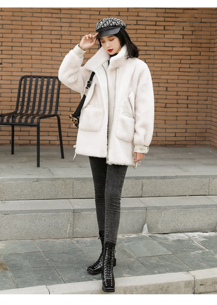 Winter Fur Coat Women Sheep Shearing Wool Fur short Jacket  Loose  Pocket Adustable Waist  Kawaii vintage korean