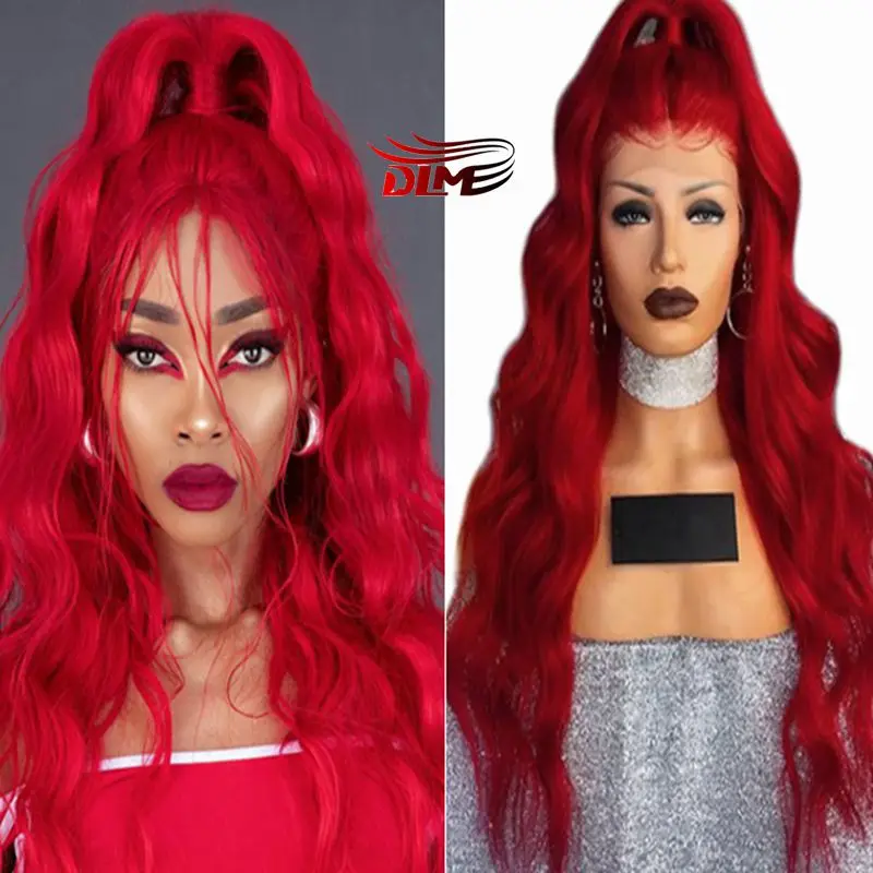 DLME Lace Front Wig  Red Wave Wig Synthetic Heat Resisatant Fiber Wigs Red Long  Wave Wig  for Women