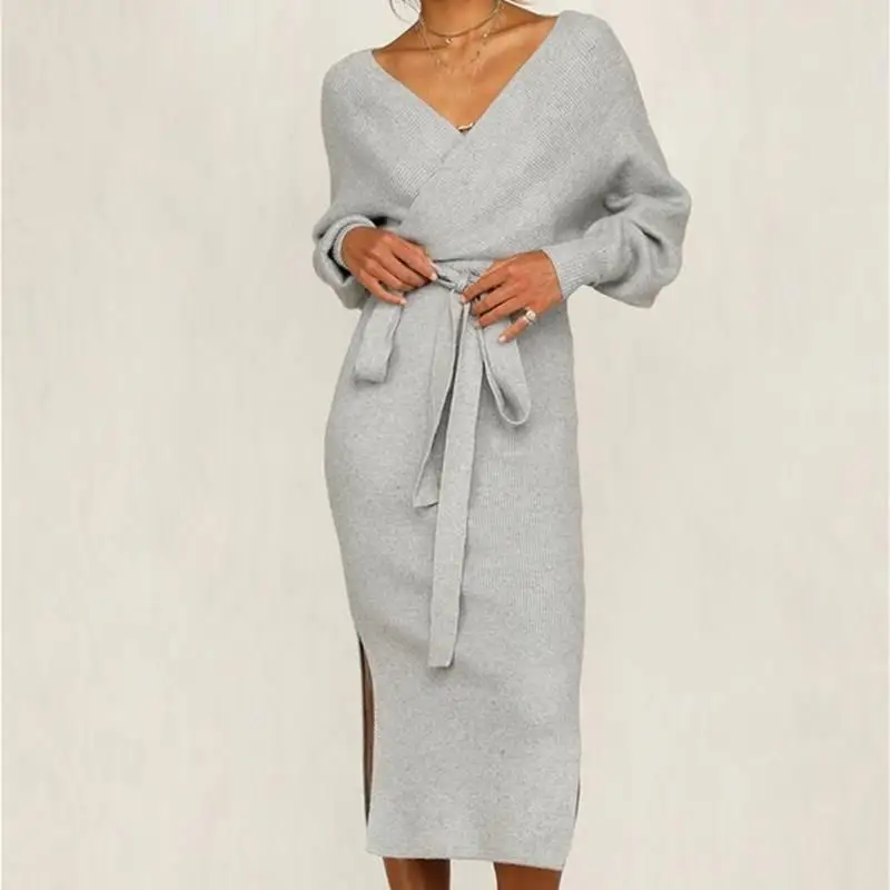 Женское осенне-зимнее платье миди с v-образным вырезом и разрезом по бокам