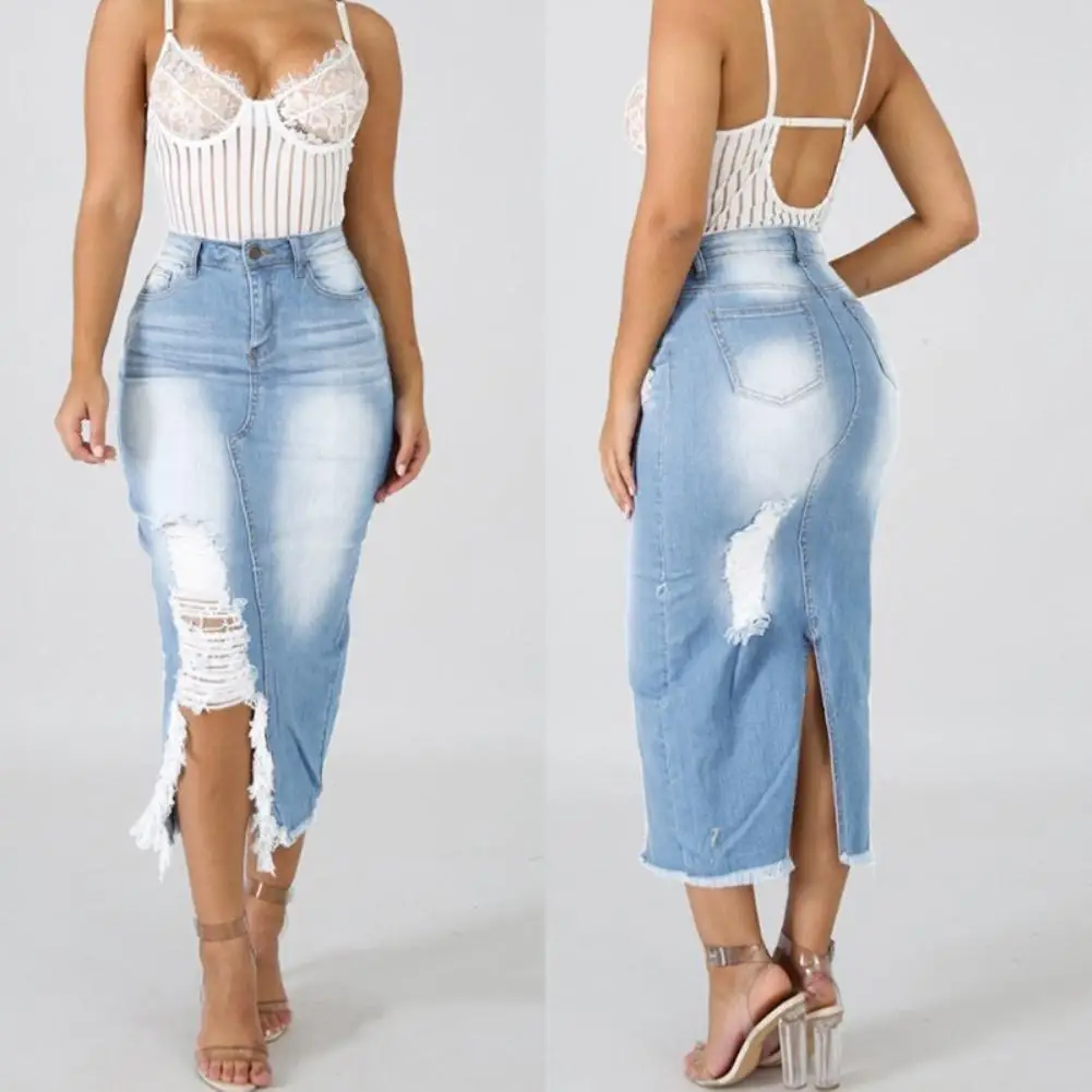 

Women Fashion High Waist Ripped Split Denim Distressed Jeans Bodycon Long Skirt Wholesale Dropshipping