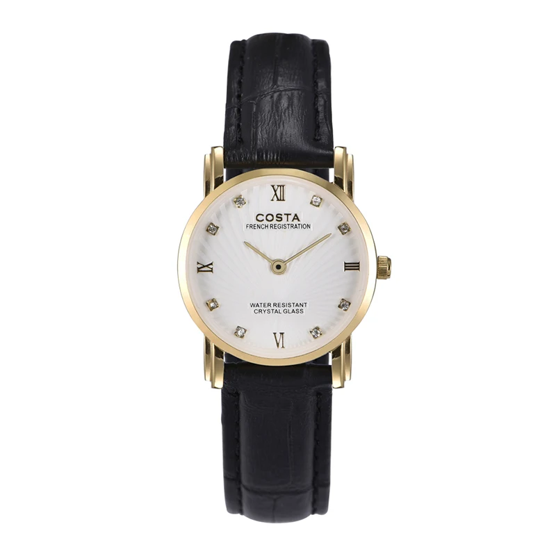 Retro white round dial black leather strap simple quartz watch for women