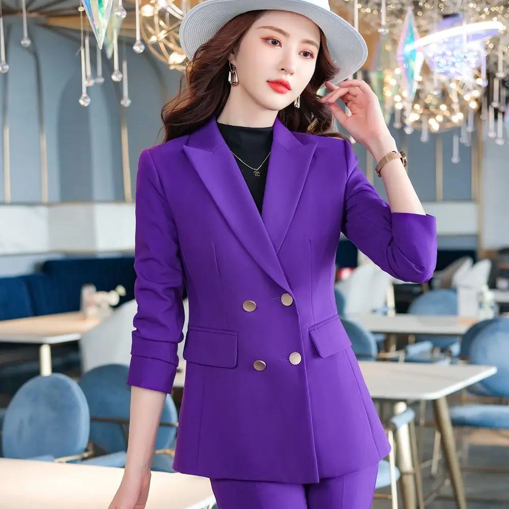 Autumn  winter dress Korean formal dress women's Office Dress Purple Long sleeve jacket coat pants work clothes 2-piece suit