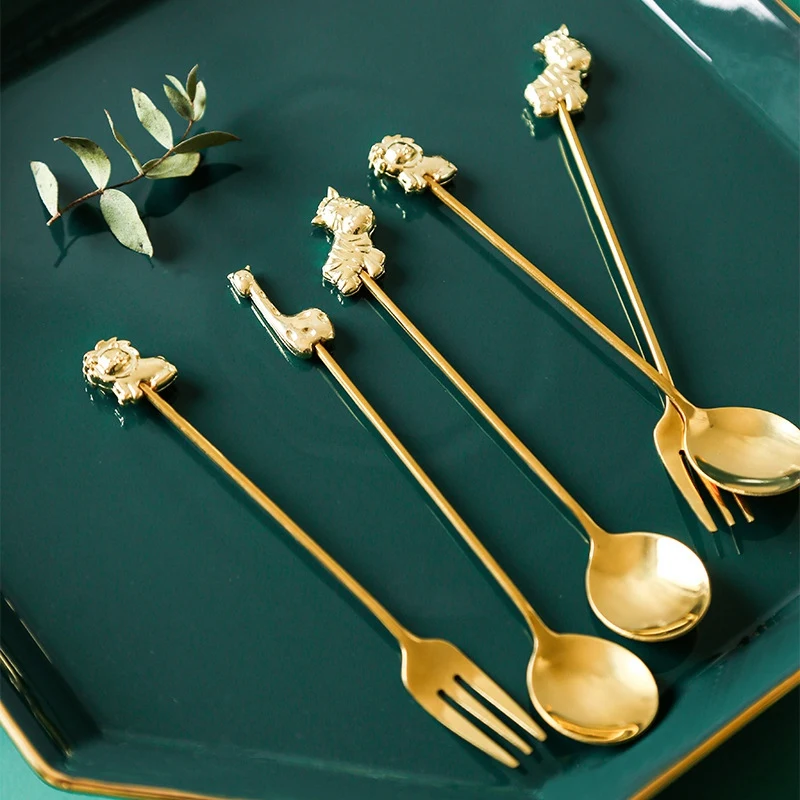 

8Pcs Dinnerware Set Cute Animal Cutlery 304 Stainless Steel Steak Fruit Fork Dessert Spoon Kitchen Tableware Flatware