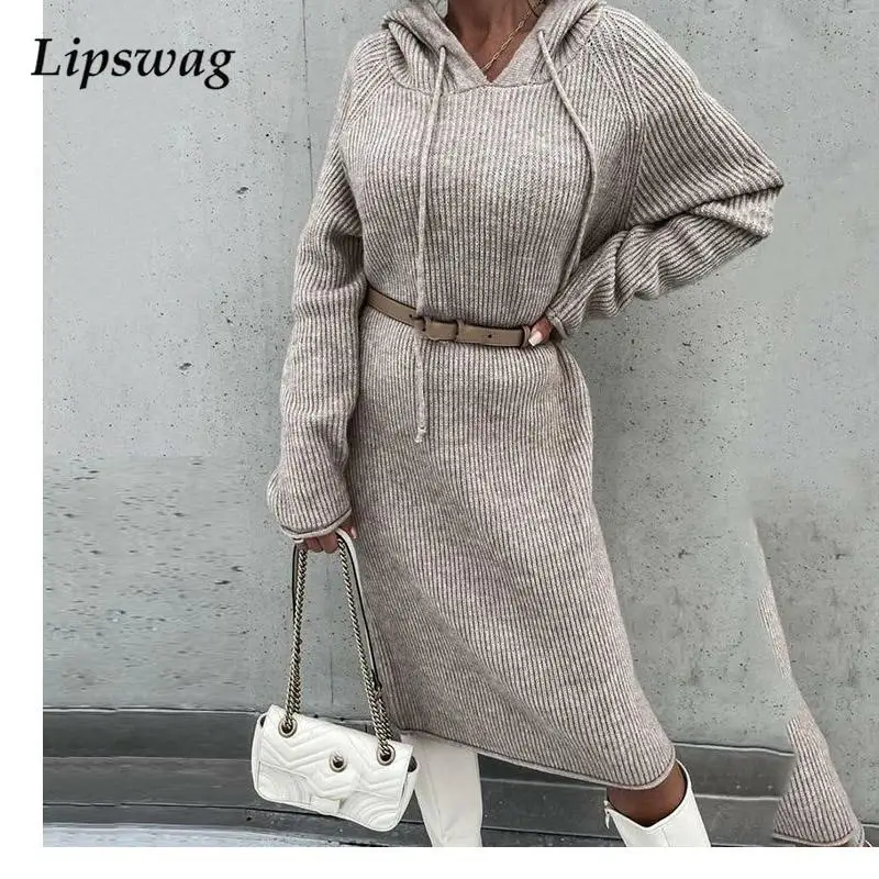 

Модное однотонное зимнее свободное платье-свитер, женское Повседневное платье-пуловер с длинным рукавом и капюшоном, элегантное вязаное пр...