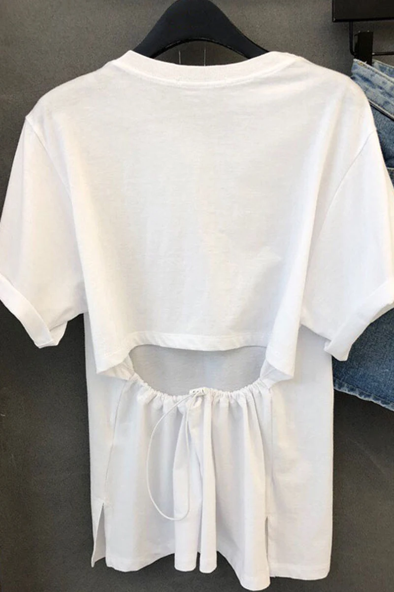 

South Korea 2021 summer new versatile round neck back hollow drawcord loose thin short sleeve T-shirt