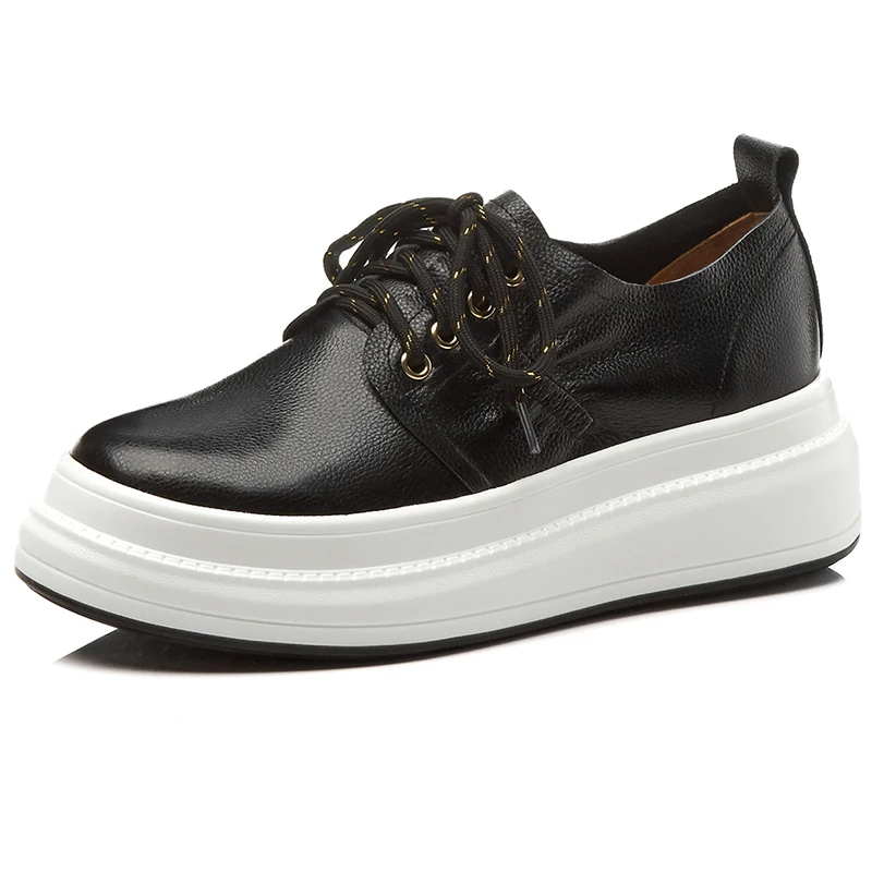 Туфли женские из натуральной кожи на толстой платформе шнуровке лоферы без