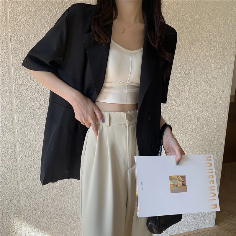 

Summer Fashion Casual Office Lady Vintage Turn-Down Collar Single Breasted Back Split Loose Short Sleeve Suit Jacket Women's