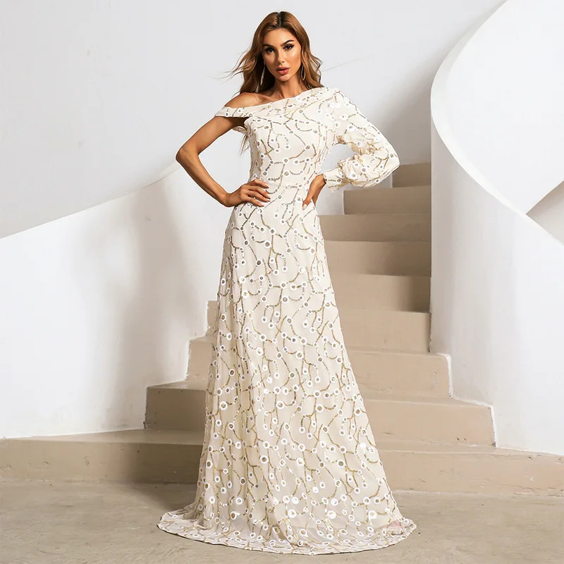 

HF Solid Color White One-Shoulder Long Sleeve Elegant Women Dresses Club Party Sexy Celebrity Evening Vestidos Winter