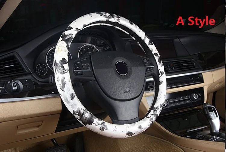 A Style Китайский стиль Пион цветочный принт чехол рулевого колеса автомобиля кожа 38 см Универсальный Авто стиль для женщин девочек - Название цвета: A Style