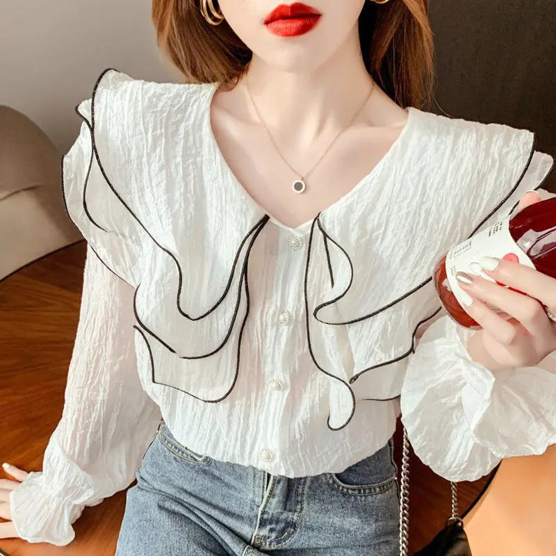 

Solid Blouse Women For Casual shirt female design sense niche long-sleeved shirt autumn new chiffon clavicle doll collar top
