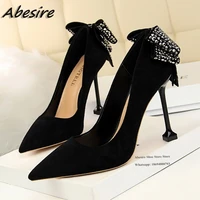 abesire new pumps shallow stilettos solid suede crystal bow knot black high heels woman spring autumn shoes fashion big size