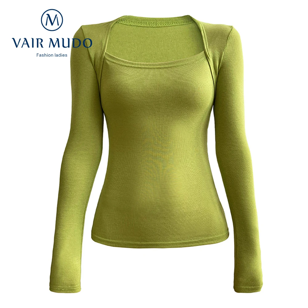 

Нежная футболка с длинными рукавами и квадратным вырезом для белья, женские облегающие топы из двух частей для придания стройности, Ранняя ...