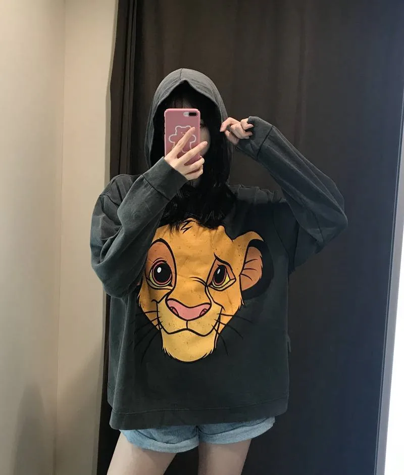 Модные свободные толстовки Kawaii, женские милые весенне-осенние Топы, Женские повседневные топы с рисунком льва, Милая футболка с длинным рукавом, женская футболка