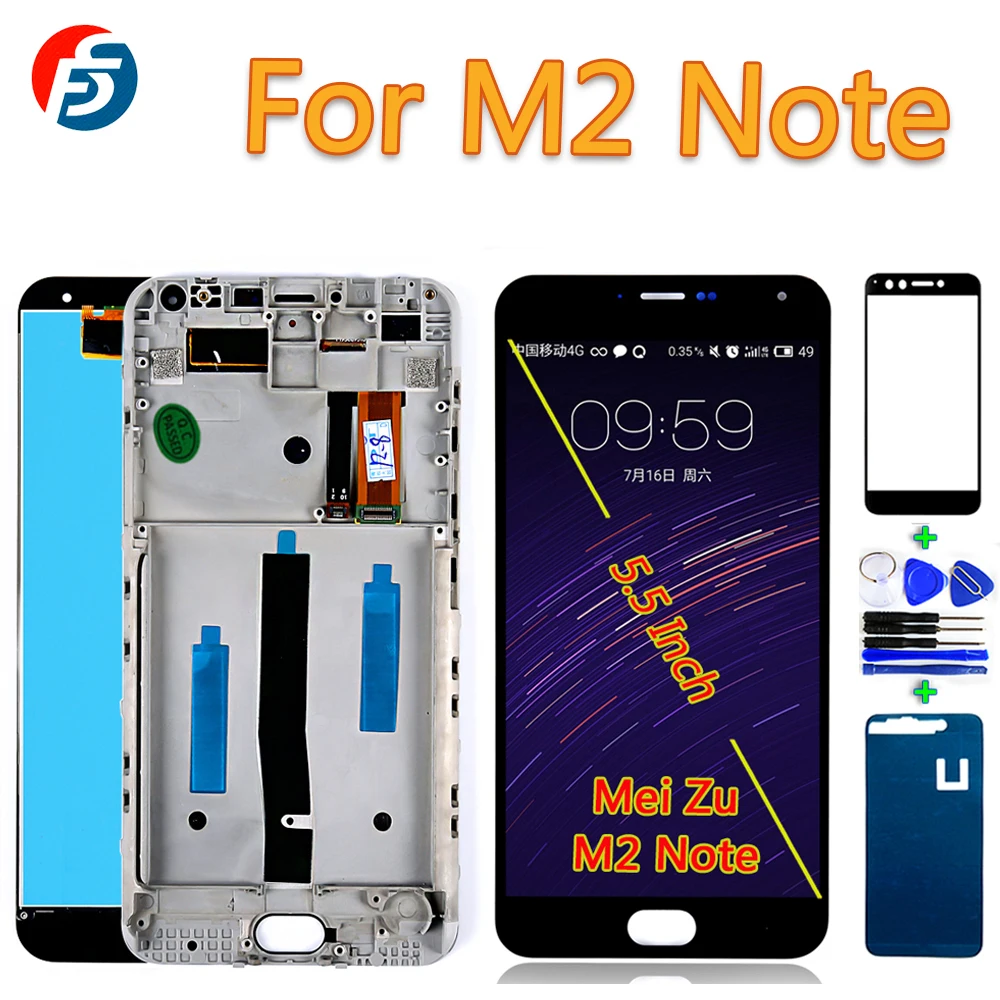 Протестированный 5,5 дюймовый сенсорный экран для Meizu M2 Note, ЖК-дисплей, дигитайзер, сборка 1920*1080, рамка с бесплатной стеклянной пленкой, инструменты